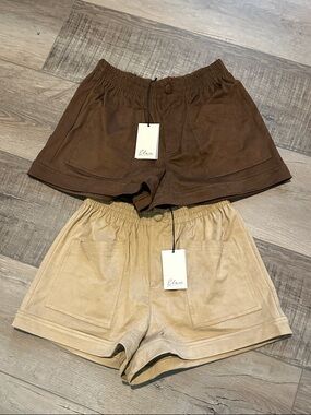 Elan High-Waist Pull-On Suede feel Shorts in Brown and Tan (2pairs)